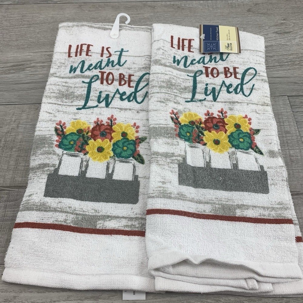 "Life is meant to be Lived" Kitchen Stove Dish Hand Towel Set of 2 Cotton Blend